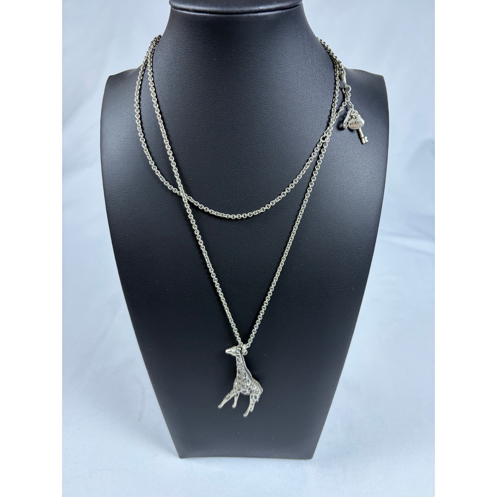 Fossil Silver Tone Long Giraffe Pendant Necklace with Heart Lock and Key Charms